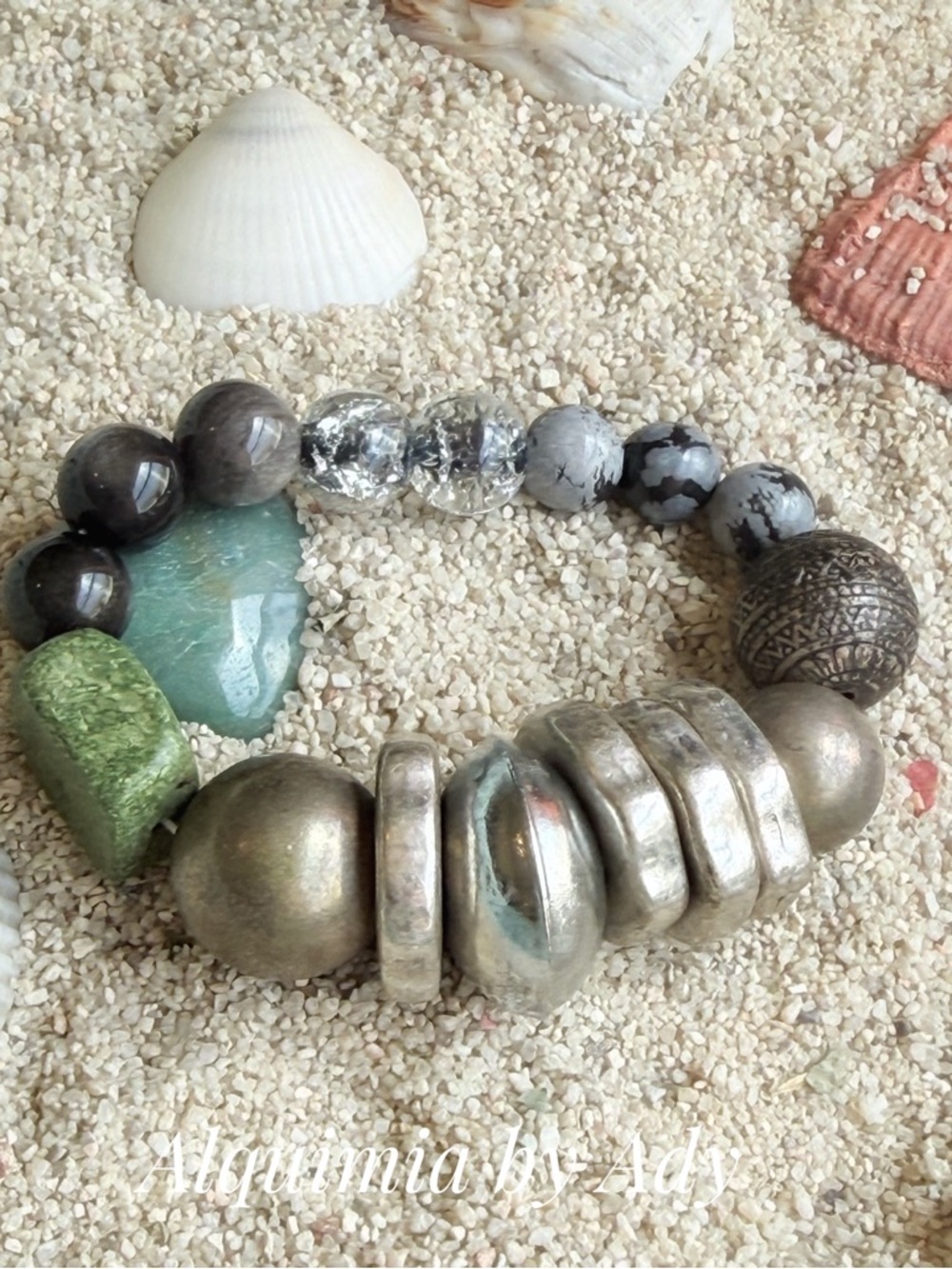 Alquimia Silver-Tone Bracelet with Green and Gray Beads